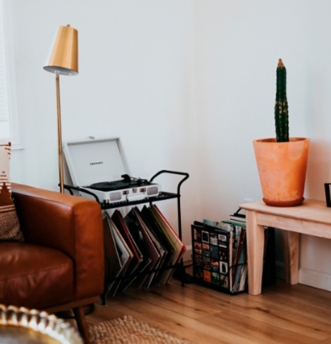 Et hjørne af et værelse med en plante og en lampe. Vælg dit hus til leje Brønderslev